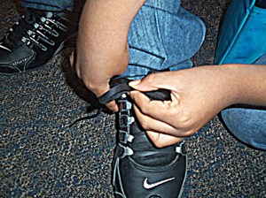tying shoes