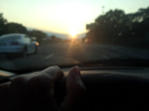 driving into sunset